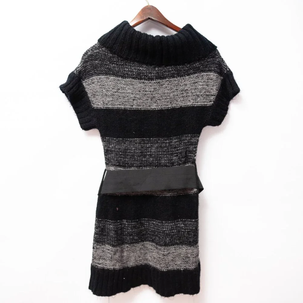 Vintage Y2K Say What Sweater Dress L Cowl Neck Belt Knit Striped Librarian Fall
